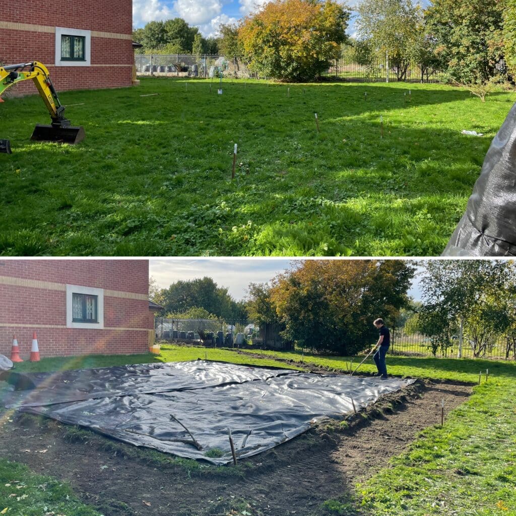 A before and after photo of the formal garden path and growing area